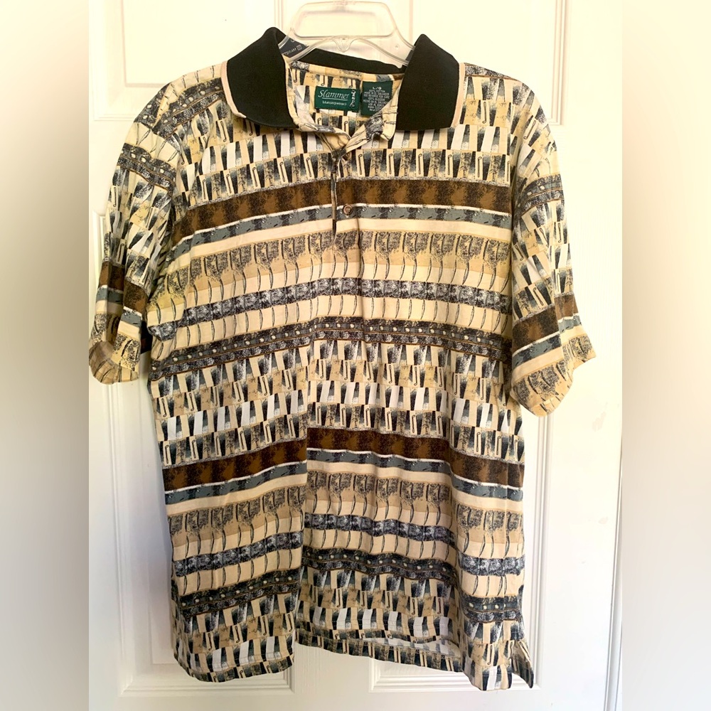 Slammer Golf Shirt: Black/Brown/Beige Print w/Golf Clubs, 💯% Cotton, XL